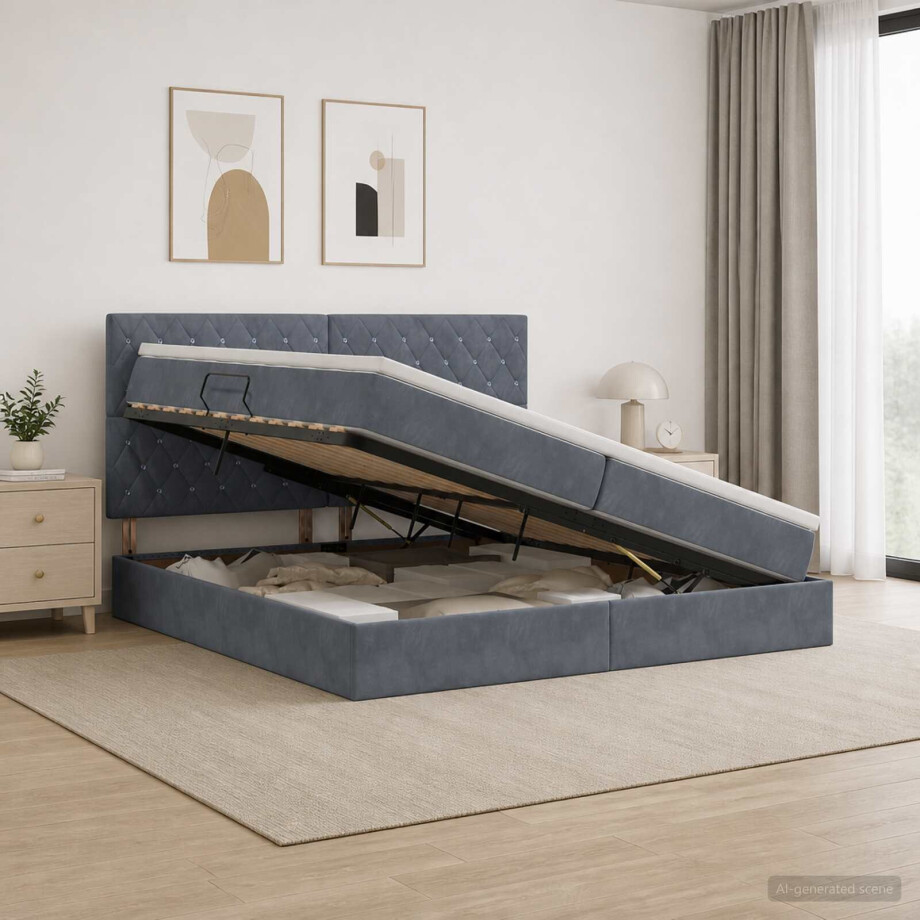 vidaXL Opslag bed met matras Donkergrijs 200 x 200 cm Fluweel afbeelding 1