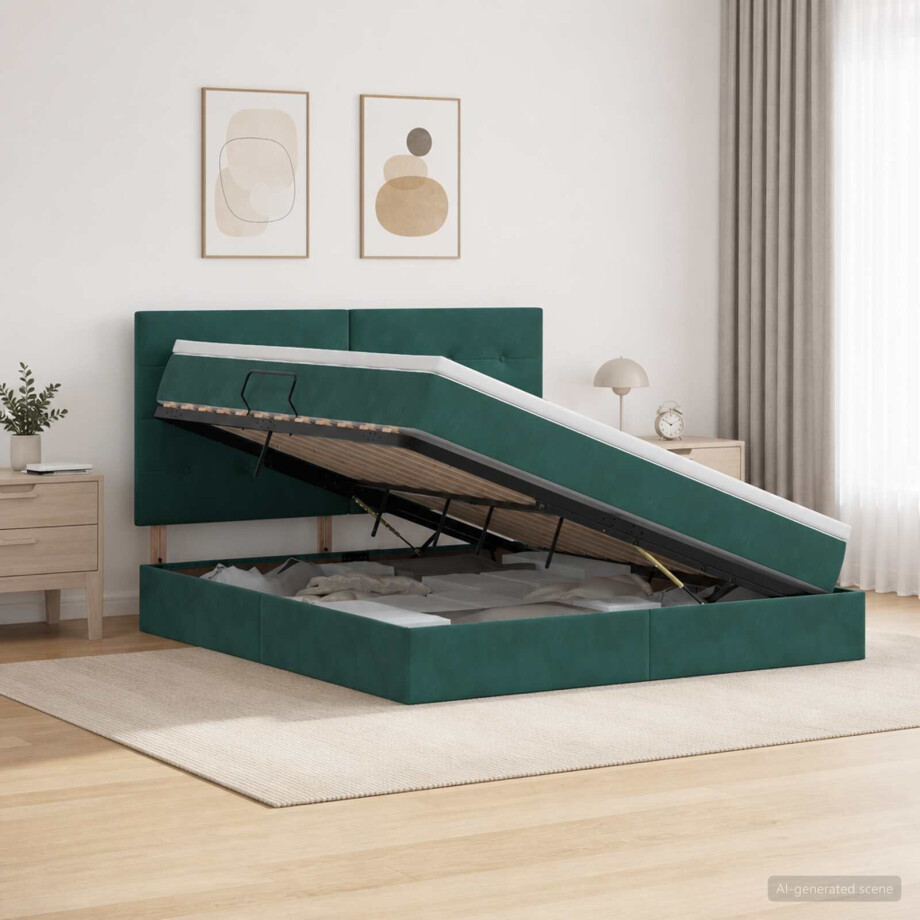 vidaXL Opslag bed met matras Donkergroen 160 x 200 cm Fluweel vidaXL Opslag bed met matras Donkergroen 160 x 200 cm Fluweel afbeelding 1