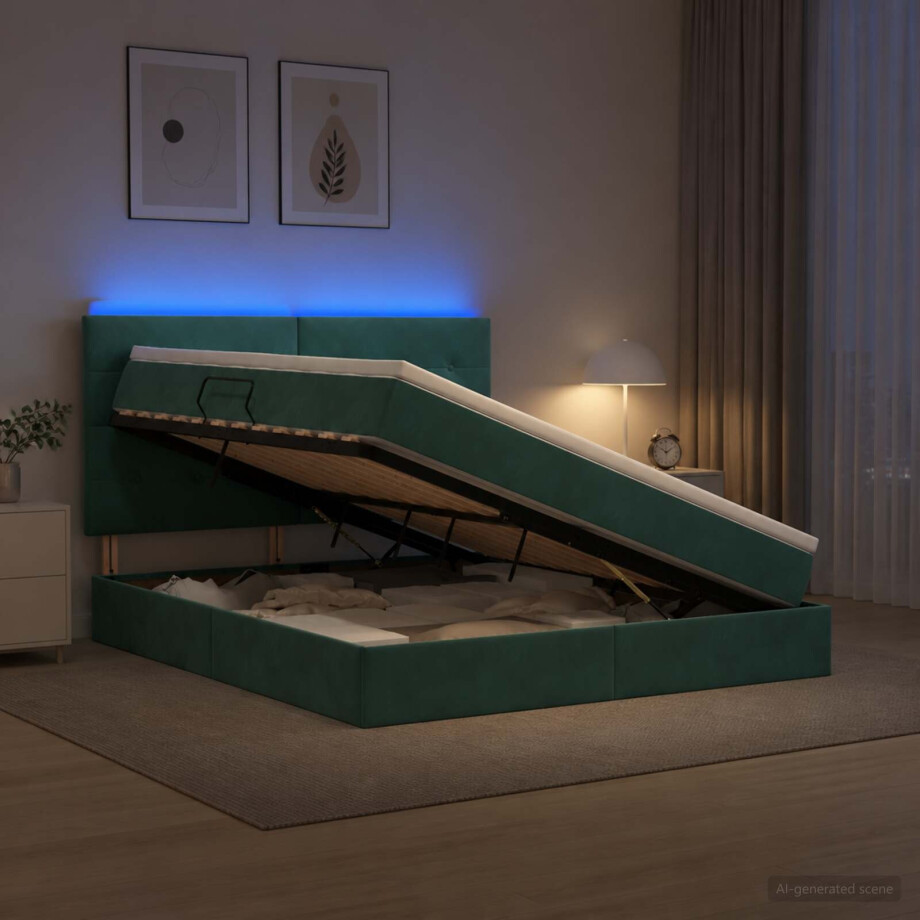 vidaXL LED Opslagbed met Matras Donkergroen 160 x 200 cm Fluweel afbeelding 1
