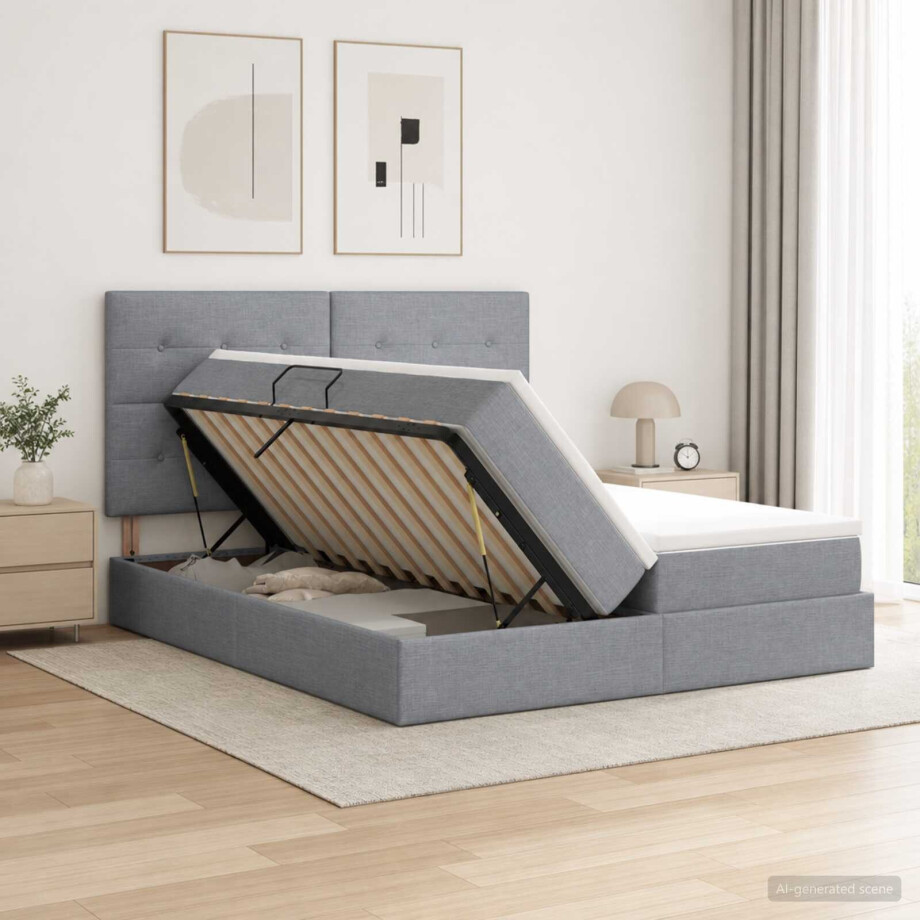 vidaXL Opslag bed met hoofdeinde Lichtgrijs 200 x 200 cm Stof afbeelding 1