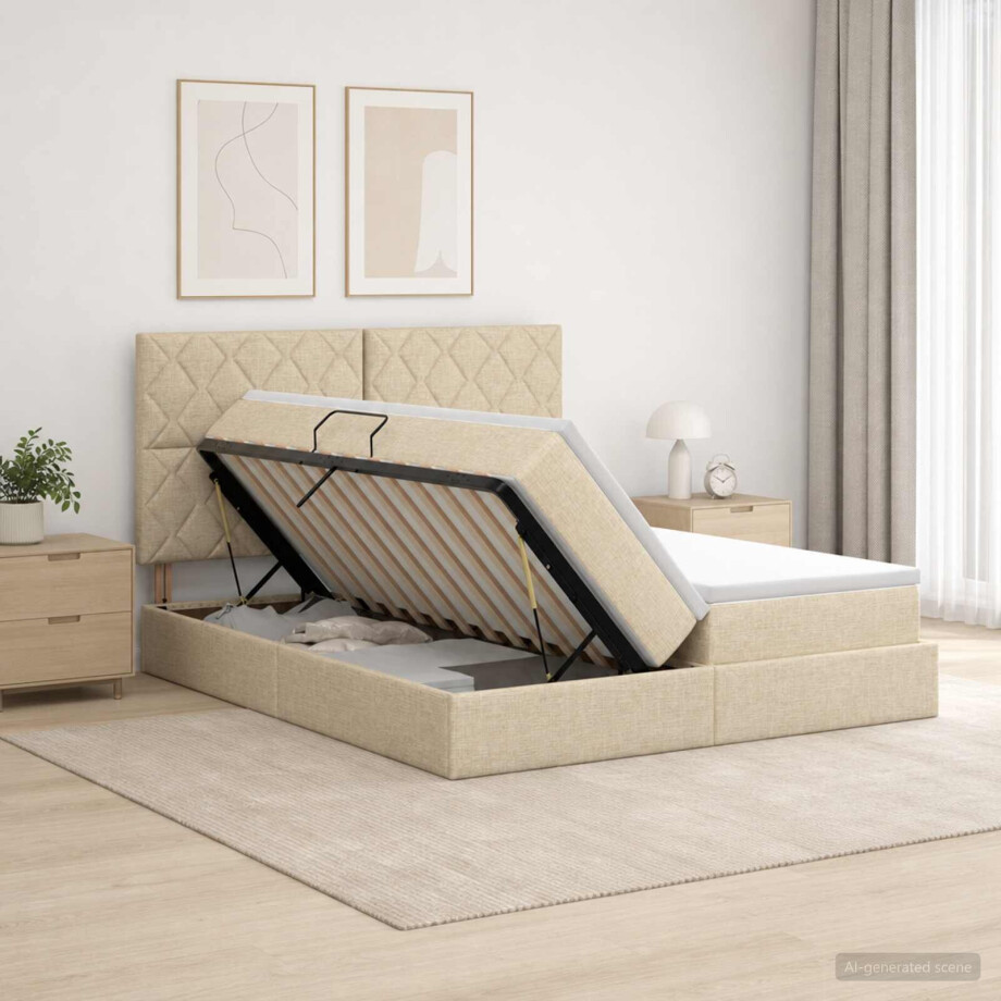 vidaXL Opslag bed met hoofdeinde Crèmekleurig 180 x 200 cm Stof afbeelding 1