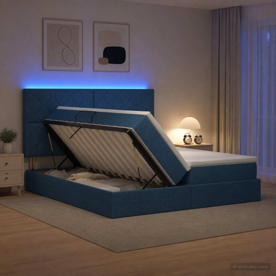 vidaXL LED Opslagbed met Matras Blauw 180 x 200 cm Stof vidaXL LED Opslagbed met Matras Blauw 180 x 200 cm Stof afbeelding 1