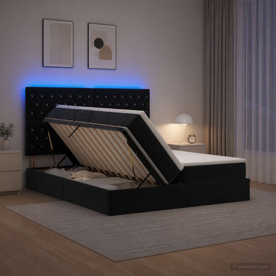 vidaXL LED Opslagbed met Matras Zwart 200 x 200 cm Fluweel vidaXL LED Opslagbed met Matras Zwart 200 x 200 cm Fluweel afbeelding 1