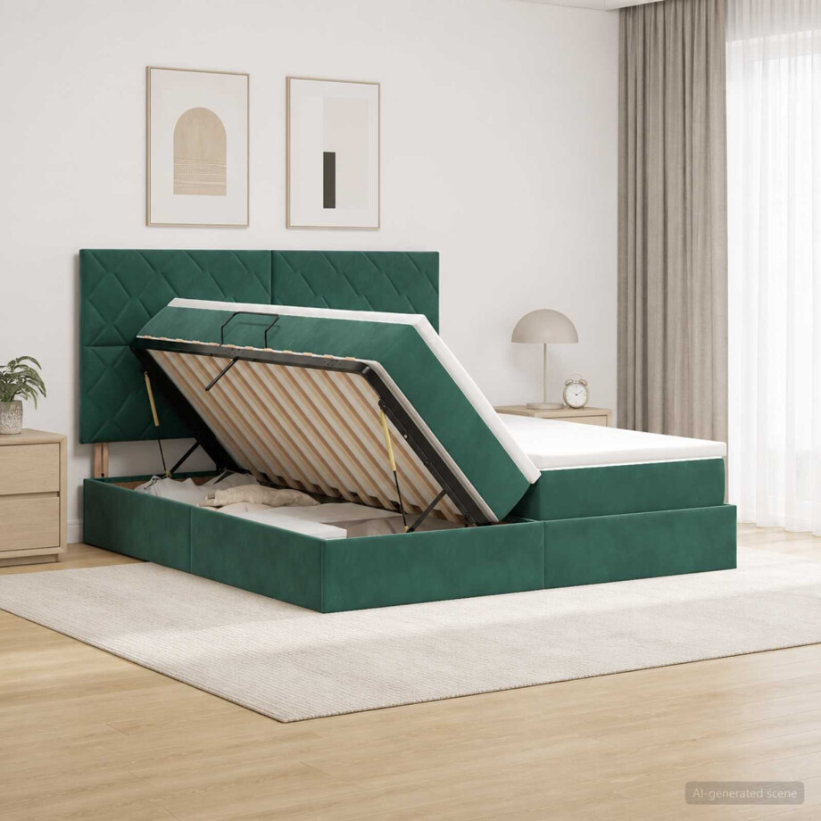 vidaXL Opslag bed met hoofdeinde Donkergroen 200 x 200 cm Fluweel afbeelding 1