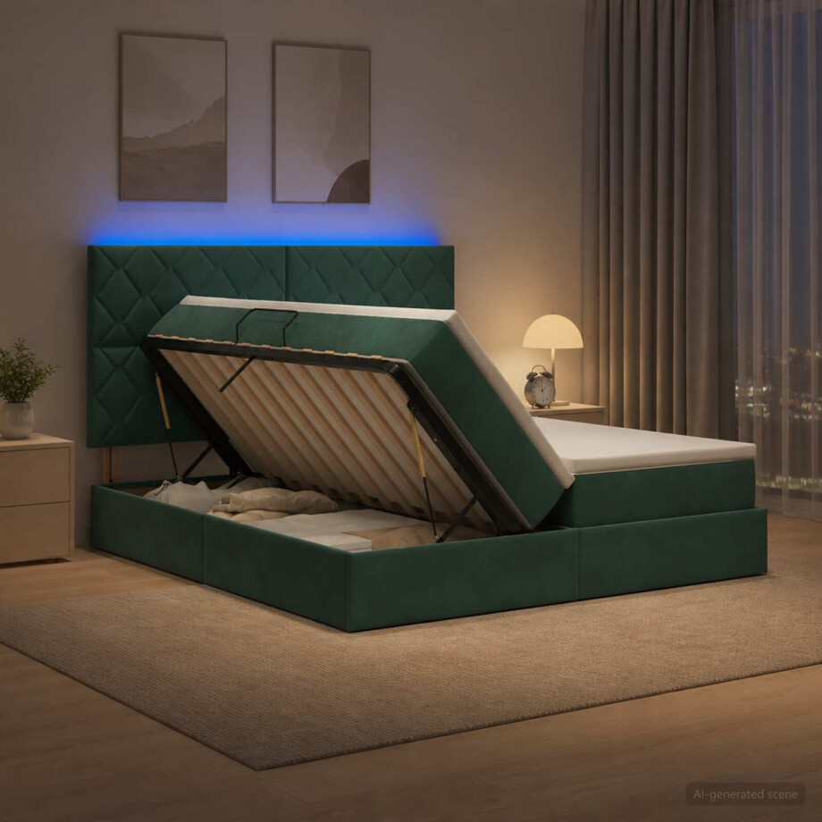 vidaXL LED Opslagbed met Matras Donkergroen 200 x 200 cm Fluweel afbeelding 1