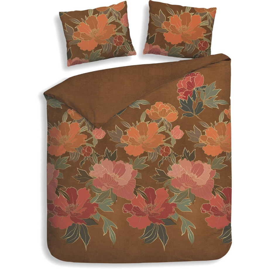 Heckettlane Dekbedovertrek Francesco - Bedlinnen met Bloemen print - 260x220 - Oranje - Dekbedhoes van 100% Katoen-Flanel afbeelding 1
