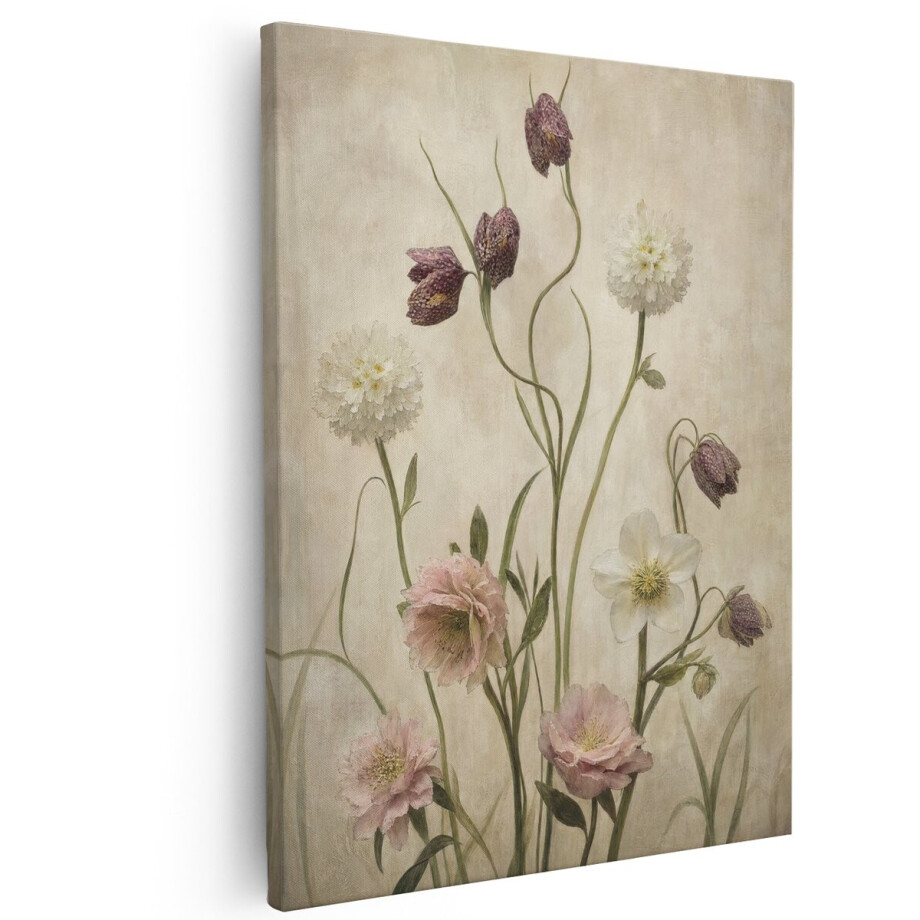 Artaza Canvas Schilderij Vintage Bloemen - Zachte Natuurtonen - 80x100 cm - Groot - Wanddecoratie Woonkamer - Schilderijen - Muurdecoratie afbeelding 1