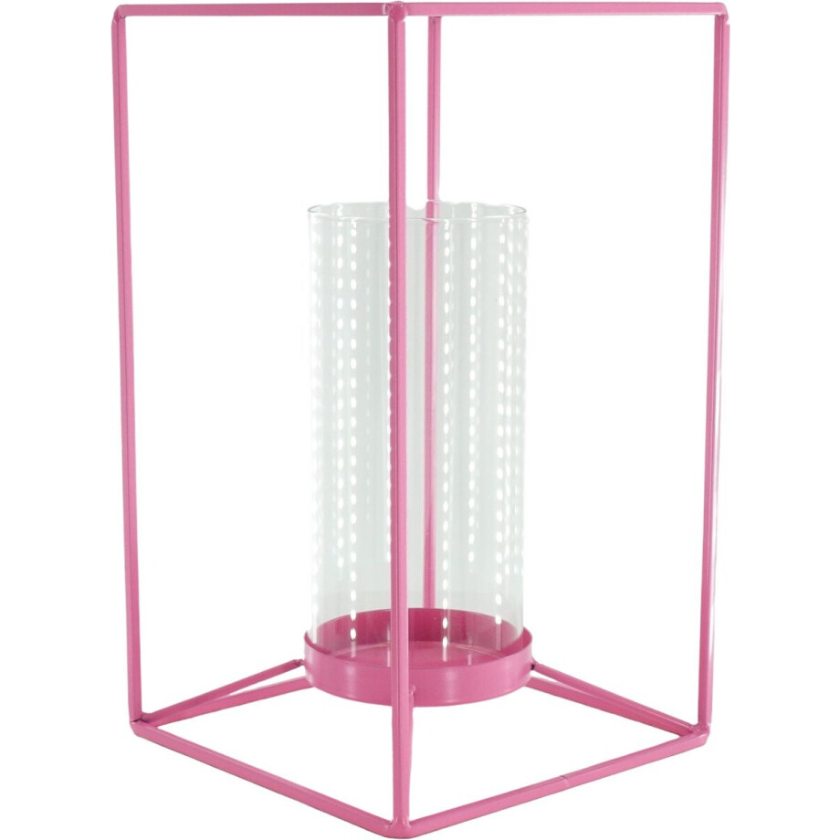 Housevitamin- Kaarshouder- Windlicht - Metaal/Glas - Fluor Roze - 12,5x12,5x20cm afbeelding 1