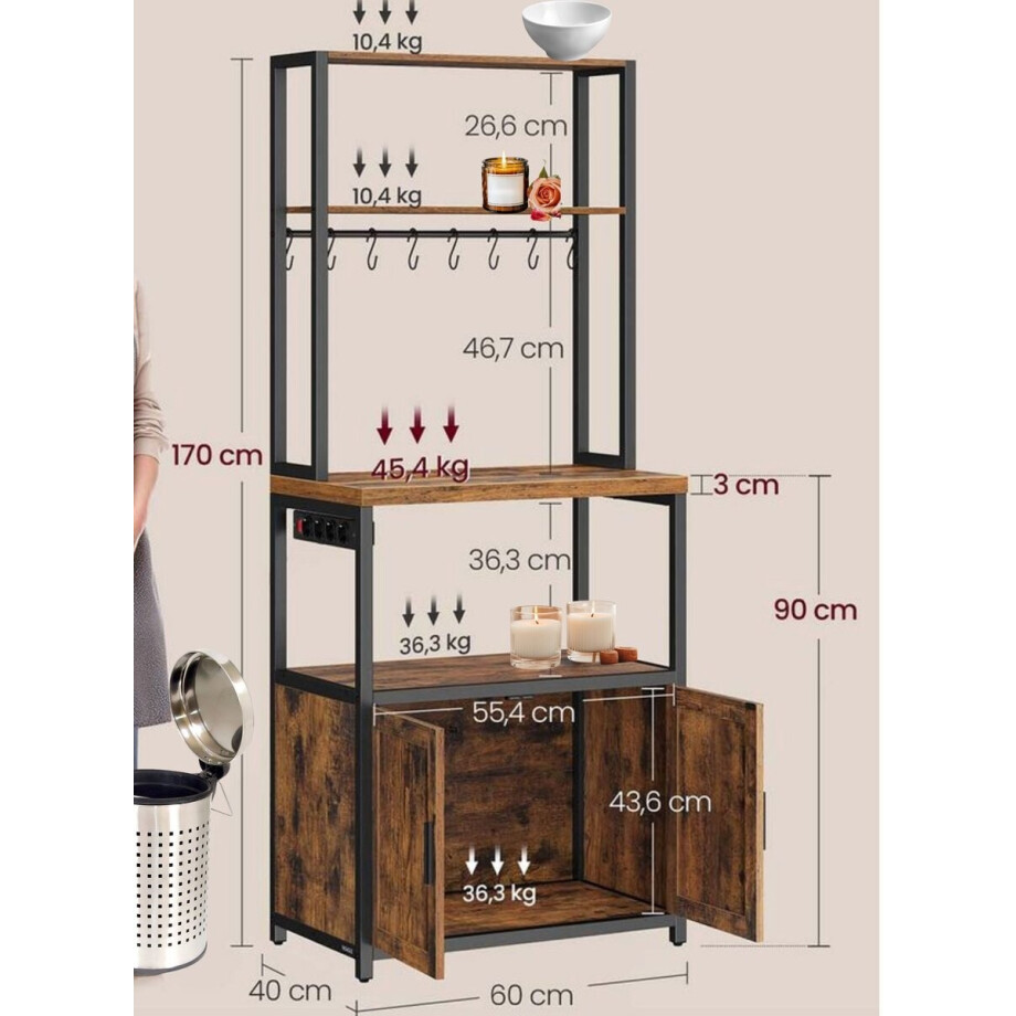 Signature Home Keukenkast - Keukenrek - staande Keukenkast met stopcontacten - Kast werkblad 90 cm hoog - met 8 haken - bruin/inktzwart - 40 x 60 x 170 cm afbeelding 1