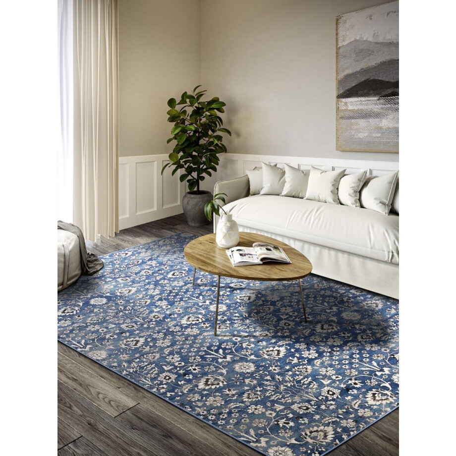 Villeroy & Boch - laagpolig vintage vloerkleed Ernest - Creme / Blauw 80x240 cm afbeelding 1