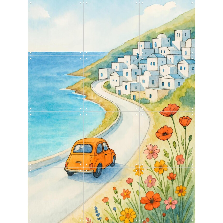 IXXI Zomerse Roadtrip aan Zee, Natalie Bruns - 60 x 80 cm - Gratis ophangtool - Grote wanddecoratie en posters - Aquarel, Woonkamer, Strandhuis, Gang afbeelding 1