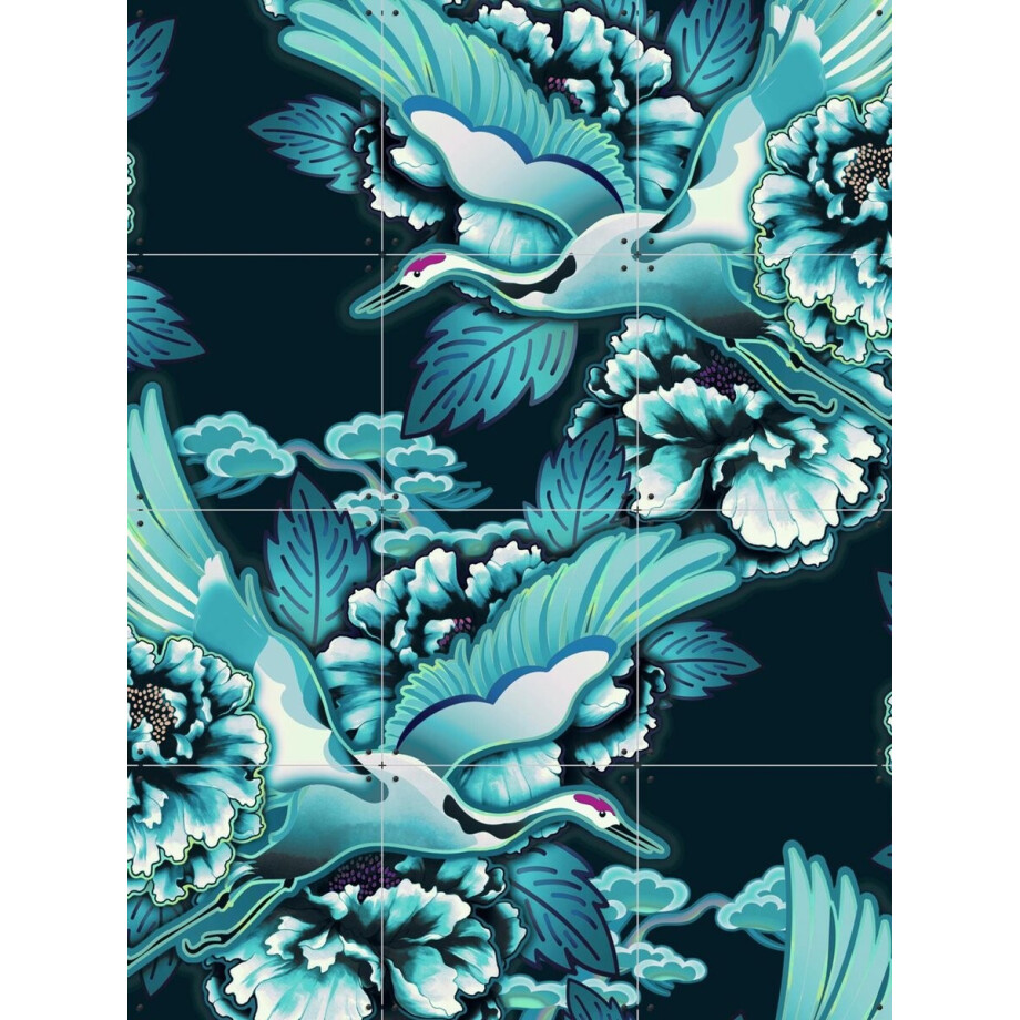 IXXI Crane Bird Pattern Cloudy Petrol, Marylène Madou - 60 x 80 cm - Gratis ophangtool - Grote wanddecoratie en posters - Digitale Kunst afbeelding 1