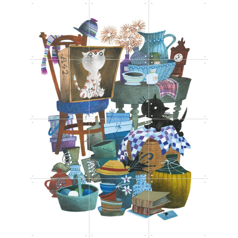IXXI Pim & Pom zijn op de televisie, Fiep Westendorp - 60 x 80 cm - Gratis ophangtool - Grote wanddecoratie en posters - Speels, Kleurrijk afbeelding 1