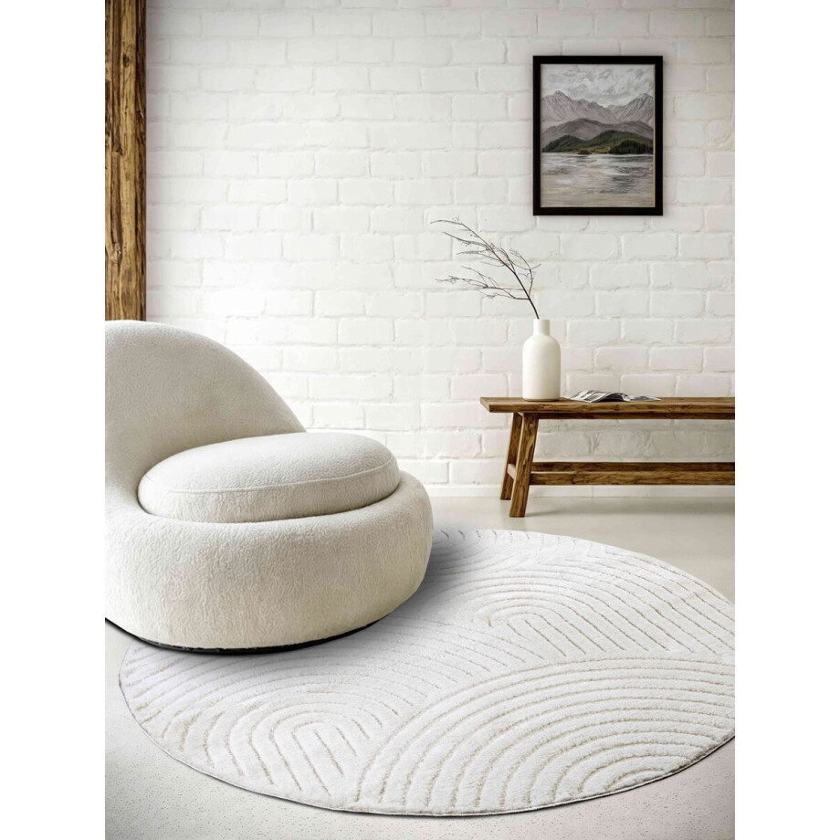 Flycarpets Japandi vloerkleed laagpolig - New York Design - Panglao Wit 160cm rond Ø afbeelding 1