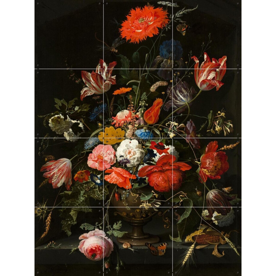 IXXI Bloemen in een metalen vaas, Abraham Mignon & Mauritshuis - 60 x 80 cm - Gratis ophangtool - Grote wanddecoratie en posters - Olieverf, Realisme afbeelding 1