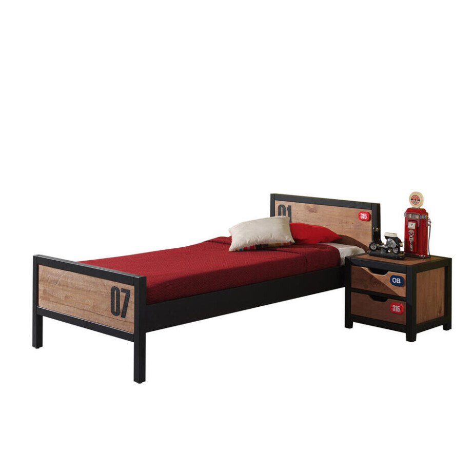 Leen Bakker - Vipack Bed Alex (incl. Nachtkastje) - Bruin/zwart - Grenenhout - Bruin#Zwart afbeelding 1