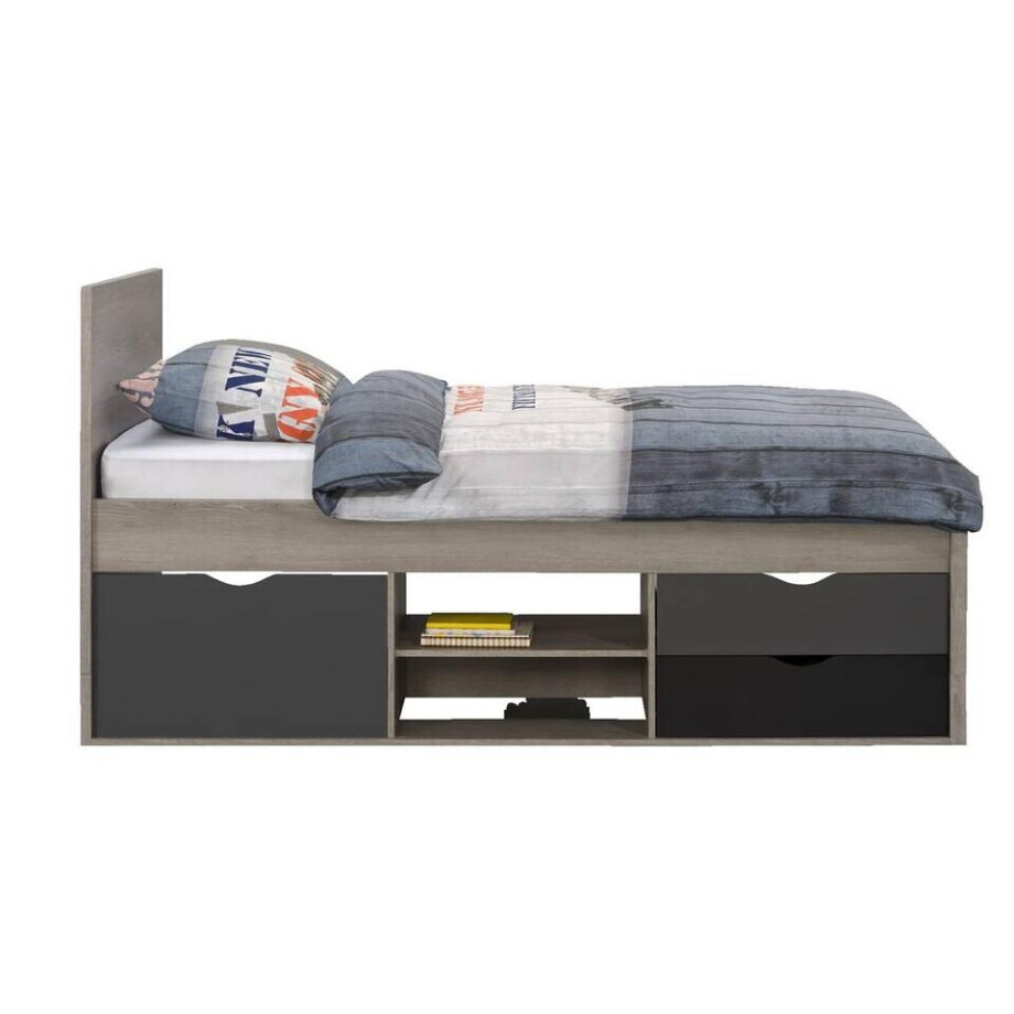 Leen Bakker - Bed Tempo Incl. Bedverhoger - Eikenkleur - 90x200 Cm - Spaanplaat - Grijs afbeelding 1