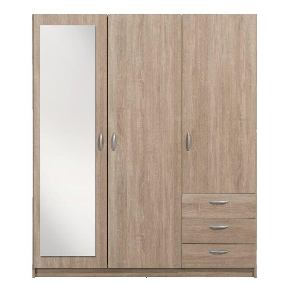 Leen Bakker - Kledingkast Varia 3-deurs Inclusief Spiegel - Licht Eiken - 175x146x50 Cm - Spaanplaat - Bruin afbeelding 1