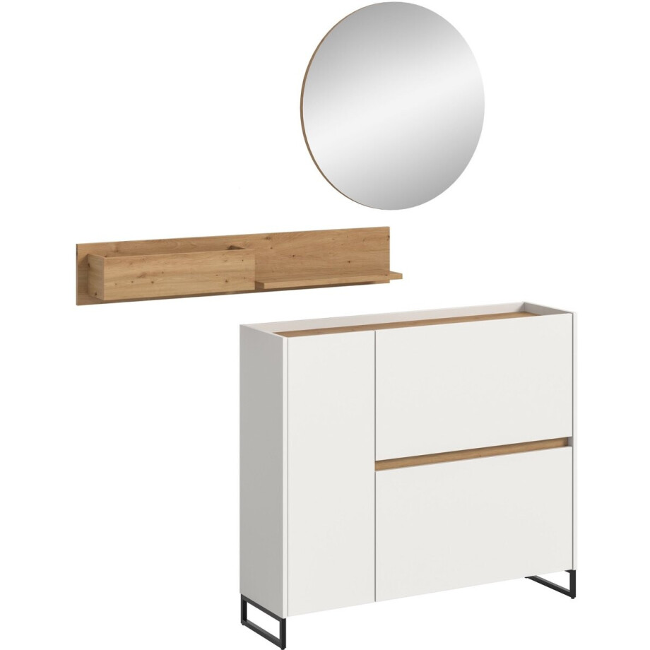 Garderobecombinatie met Spiegel - 3-delige Opbergoplossing op Wieltjes - Snel Gemonteerd - 197x140x32cm afbeelding 1