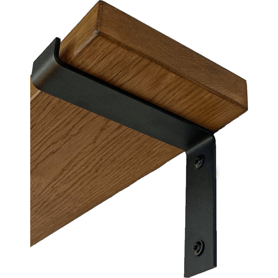 GoudmetHout - Massief eiken wandplank - 220 x 15 cm - Donker Eiken - Inclusief industriële plankdragers l-vorm mat zwart - lange boekenplank afbeelding 1