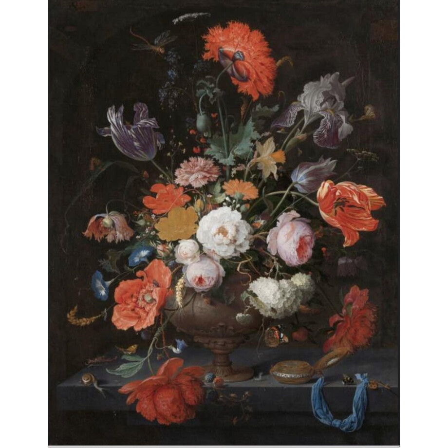 Kristal Helder Galerie kwaliteit Plexiglas 5mm.- Blind Aluminium Ophang-frame- Fotokunst 'Stil leven met bloemen en horloge 'Abraham Mignon'- luxe wanddecoratie- Akoestisch en UV Werend- inclusief verzending afbeelding 1