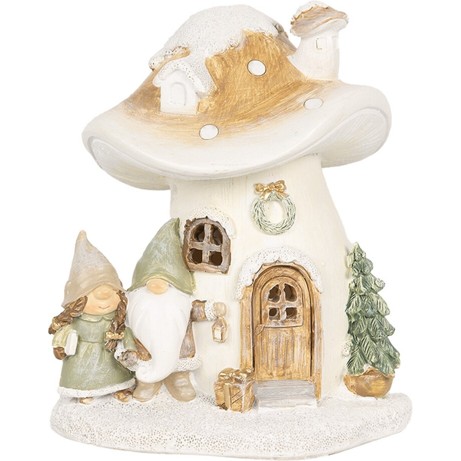 Clayre & Eef Decoratie Huis met LED Paddenstoel 13x12x15 cm Beige Polyresin afbeelding 1