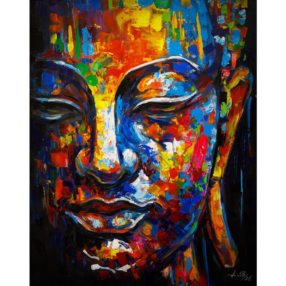 Original Buddha Art - Handgeschilderd Boeddha Schilderij Awakening met Zwarte Baklijst - 80 x 100 cm afbeelding 1
