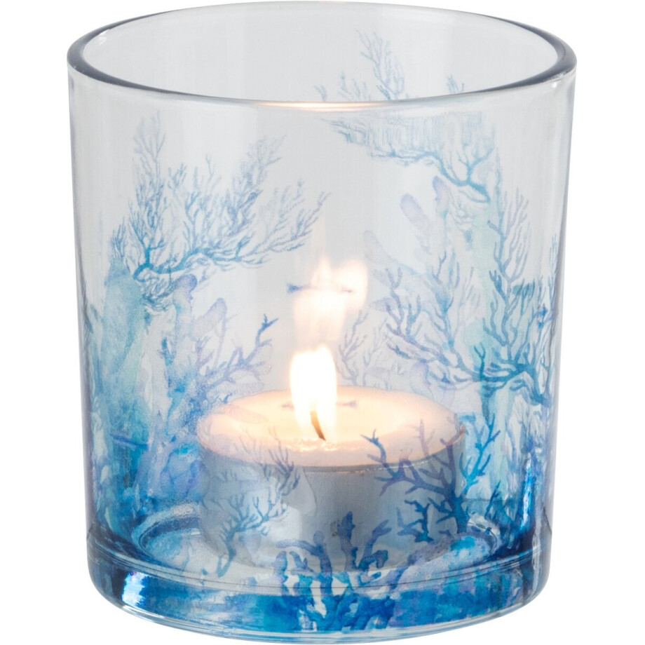 J-Line theelichthouder Koraal - glas - transparant/blauw - small - 2 stuks afbeelding 1