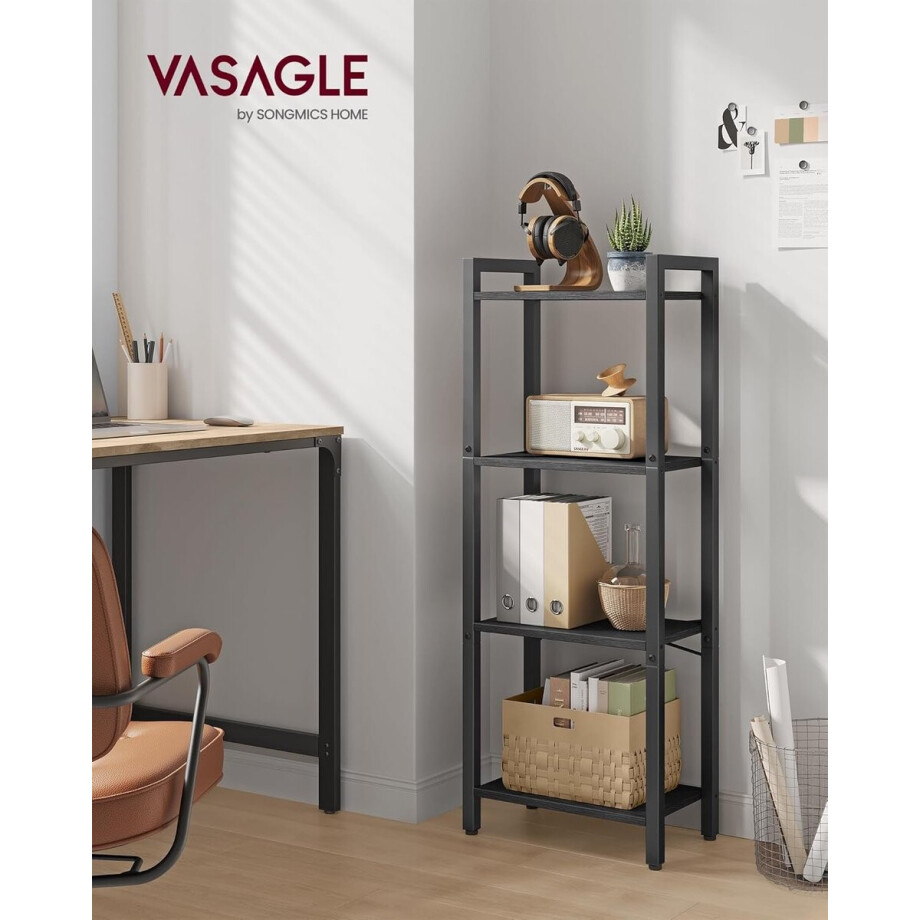 VASAGLE Plankkast, Boekenkast, Staande Plank, DVD Plank, 4 Niveaus, Kantoorplank, Open Planken, voor Kantoor, Woonkamer, Slaapkamer, Keuken, 24 x 40 x 107 cm, Ebbenhout Zwart-Zwart LLS099B56 afbeelding 1