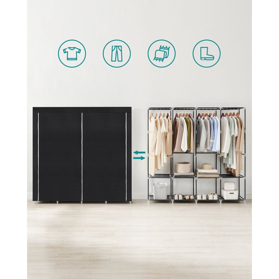 Linnenkast - Kleerkast - 45 x 170 x 167 cm - 4 hangvakken - Met legplanken - Zwart Linnenkast - Kleerkast - 45 x 170 x 167 cm - 4 hangvakken - Met legplanken - Zwart afbeelding 1