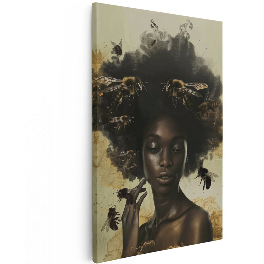 Artaza Canvas Schilderij Vrouw met een Afro en Bijen - Dieren - 100x150 cm - Groot - Wanddecoratie Woonkamer - Schilderijen - Muurdecoratie afbeelding 1