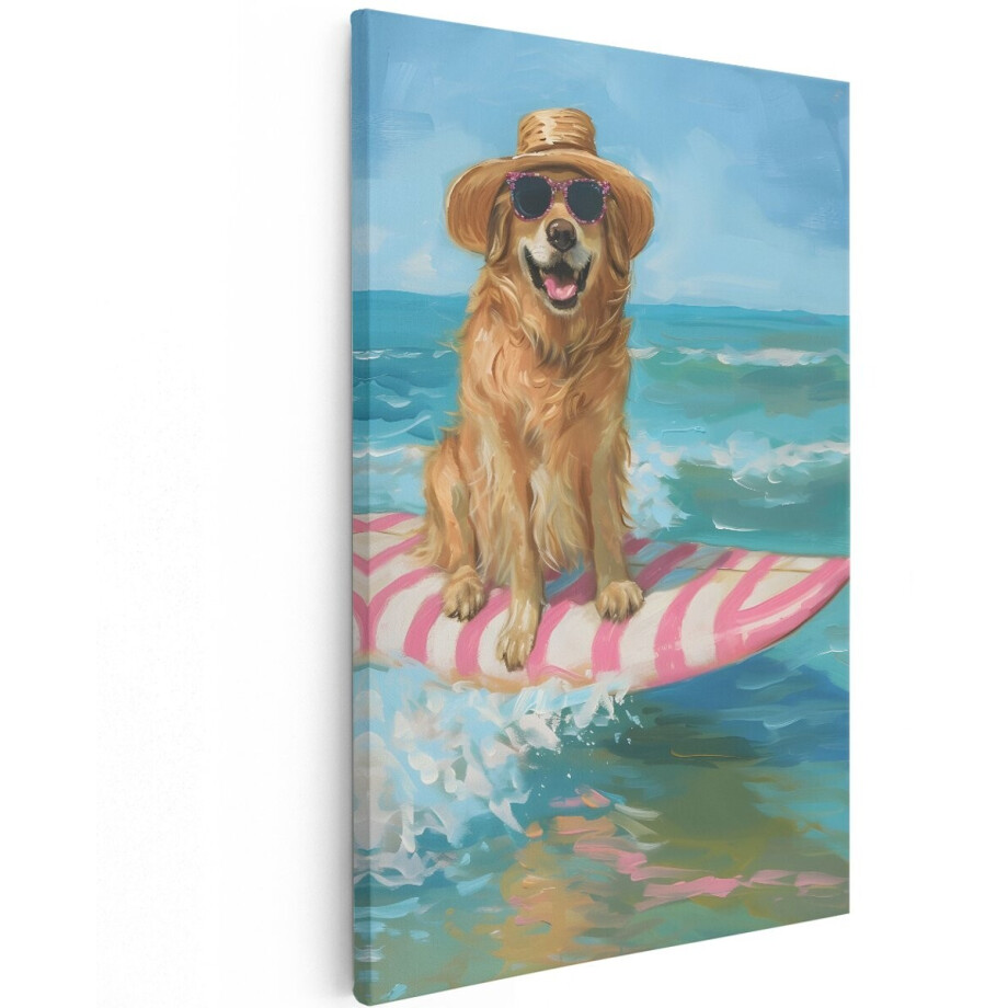 Artaza Canvas Schilderij Golden Retriever - 120x180 cm - Groot - Wanddecoratie Hond Op Surfplank - Muurdecoratie Strand Zee - Decoratie Zomer afbeelding 1