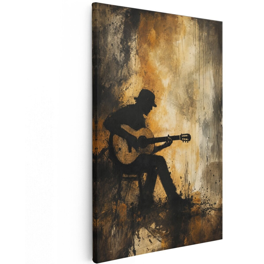Artaza Canvas Schilderij Gitaarspeler Silhouet - Streetart - Kunst - 80x120 cm - Groot - Wanddecoratie Woonkamer - Schilderijen - Muurdecoratie afbeelding 1