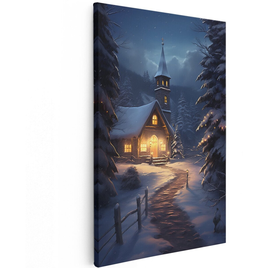 Artaza Canvas Schilderij Kerk in het Winterbos - 120x180 cm - Groot - Foto Op Canvas - Wanddecoratie Woonkamer afbeelding 1