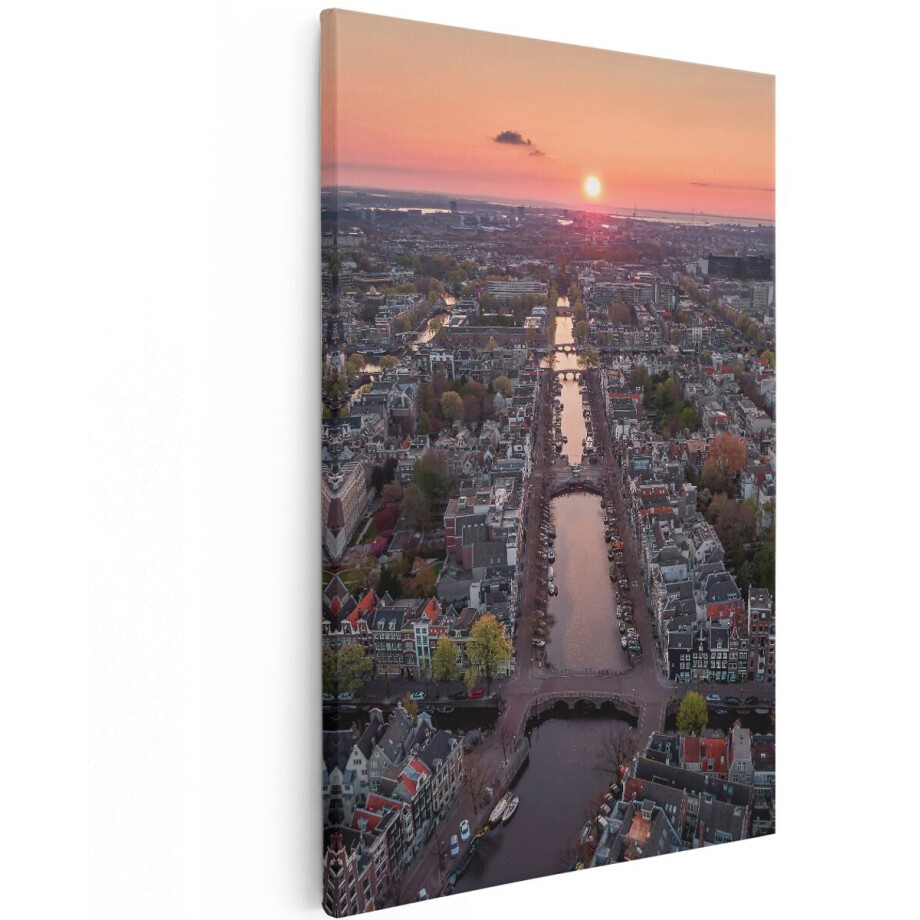 Artaza Canvas Schilderij Bovenaanzicht Amsterdam Met Zonsondergang - 120x180 cm - Groot - Wanddecoratie Woonkamer - Schilderijen - Muurdecoratie afbeelding 1