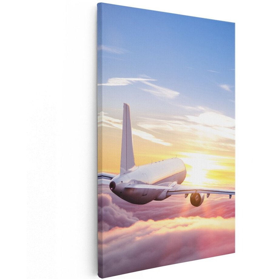 Artaza Canvas Schilderij Vliegtuig In De Wolken Bij Zonsondergang - 120x180 cm - Groot - Wanddecoratie Woonkamer - Schilderijen - Muurdecoratie afbeelding 1