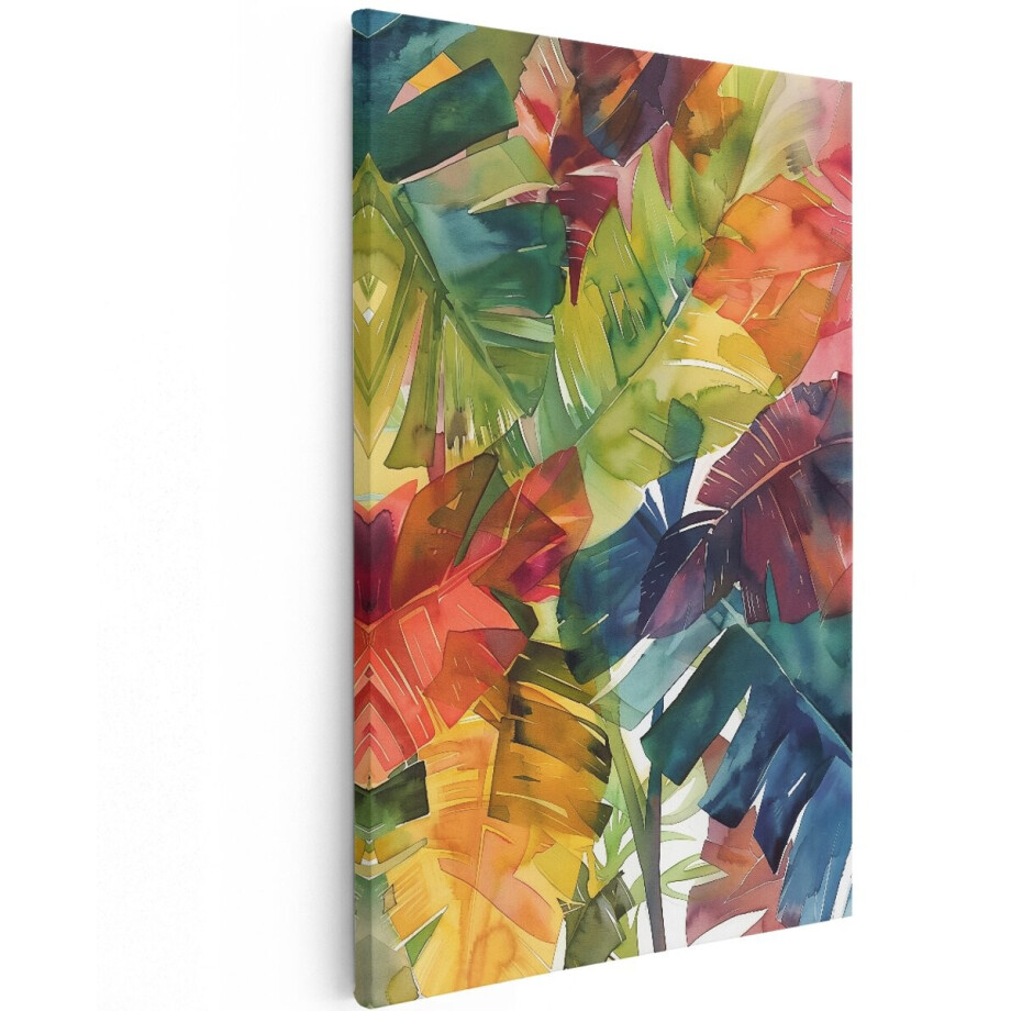 Artaza Canvas Schilderij Aquarel Tropische Bladeren - Bloemen - 100x150 cm - Groot - Wanddecoratie Woonkamer - Schilderijen - Muurdecoratie afbeelding 1