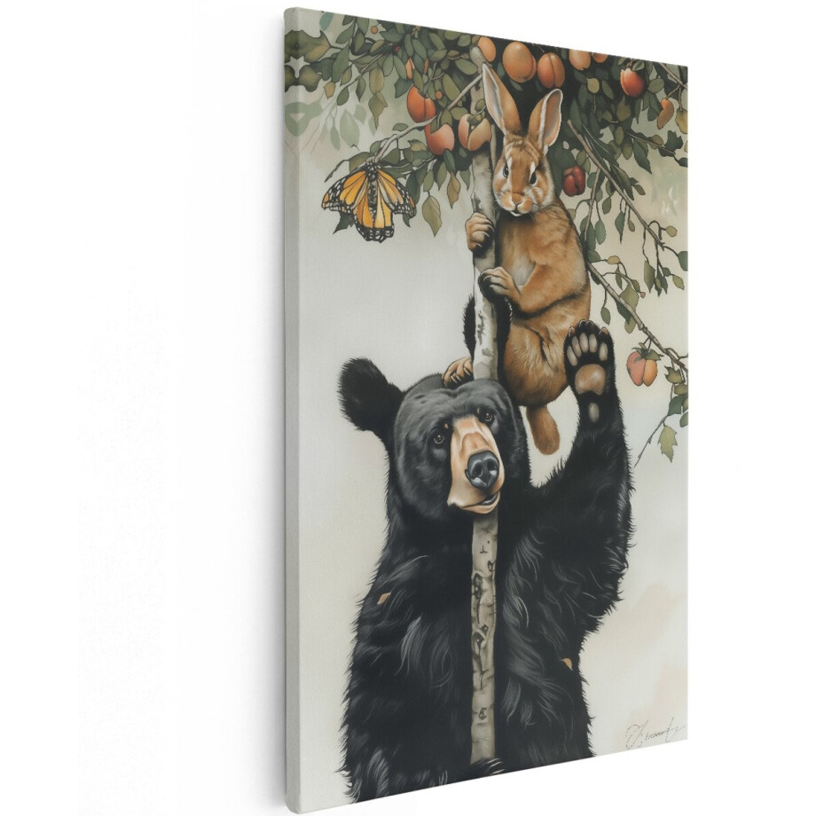 Artaza Canvas Schilderij Beer en een Konijn in een Boom - Dieren - 120x180 cm - Groot - Wanddecoratie Woonkamer - Schilderijen - Muurdecoratie afbeelding 1