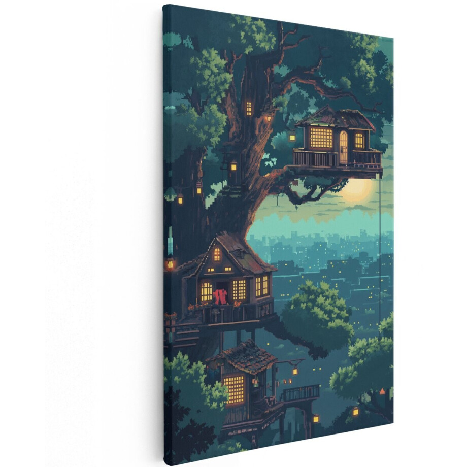 Artaza Canvas Schilderij Boomhut - 80x120 cm - Wanddecoratie Pixel Art - Muurdecoratie Bos - Decoratie Boom Jongenskamer afbeelding 1