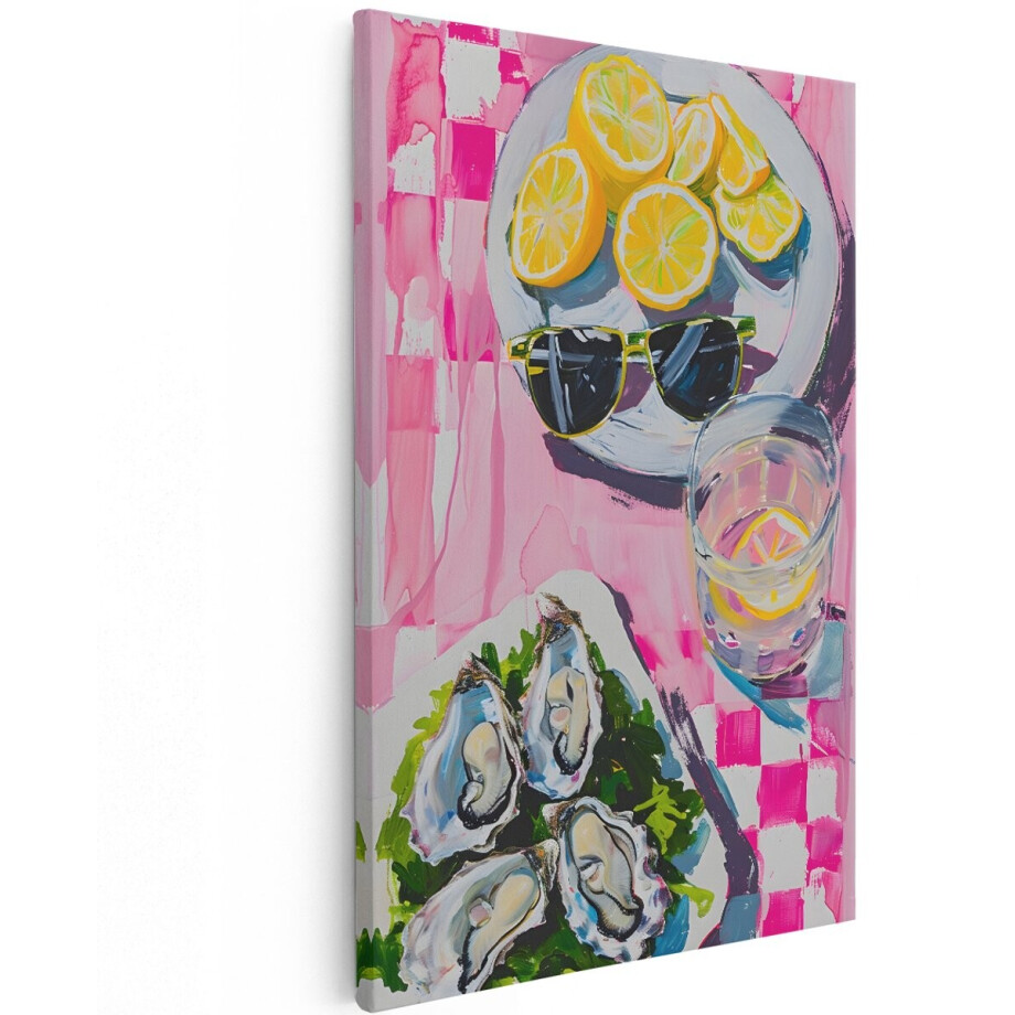 Artaza Canvas Schilderij Stilleven Oesters - 100x150 cm - Groot - Wanddecoratie Citroenen - Muurdecoratie Zomer - Decoratie Keuken - Roze afbeelding 1