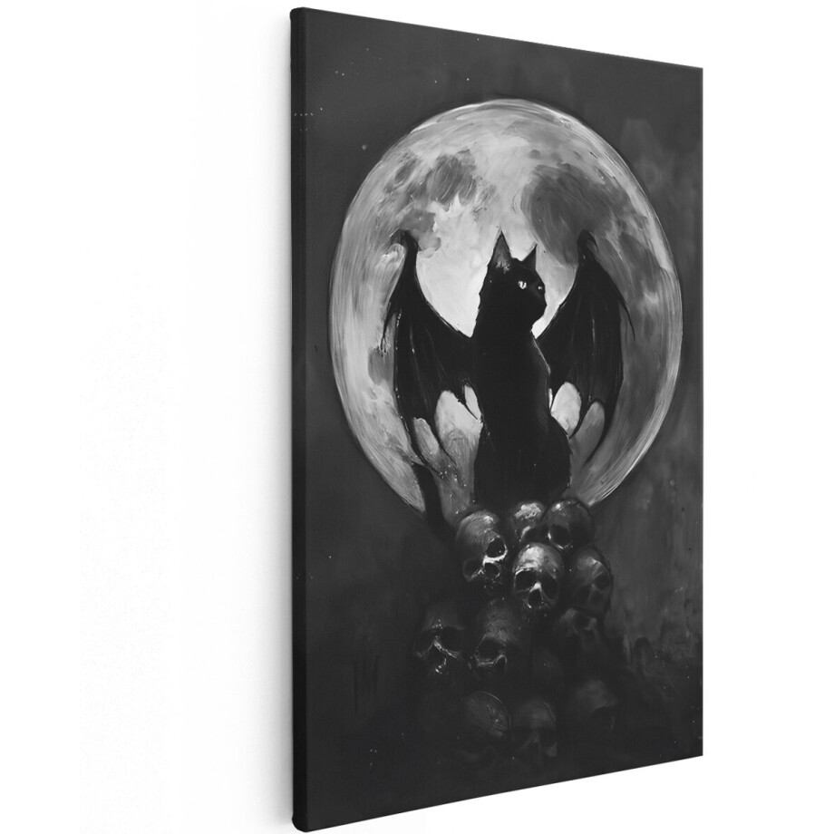 Artaza Canvas Schilderij Zwarte Kat - 120x180 cm - Groot - Wanddecoratie Vleermuisvleugels - Muurdecoratie Schedels - Decoratie Volle Maan - Zwart afbeelding 1