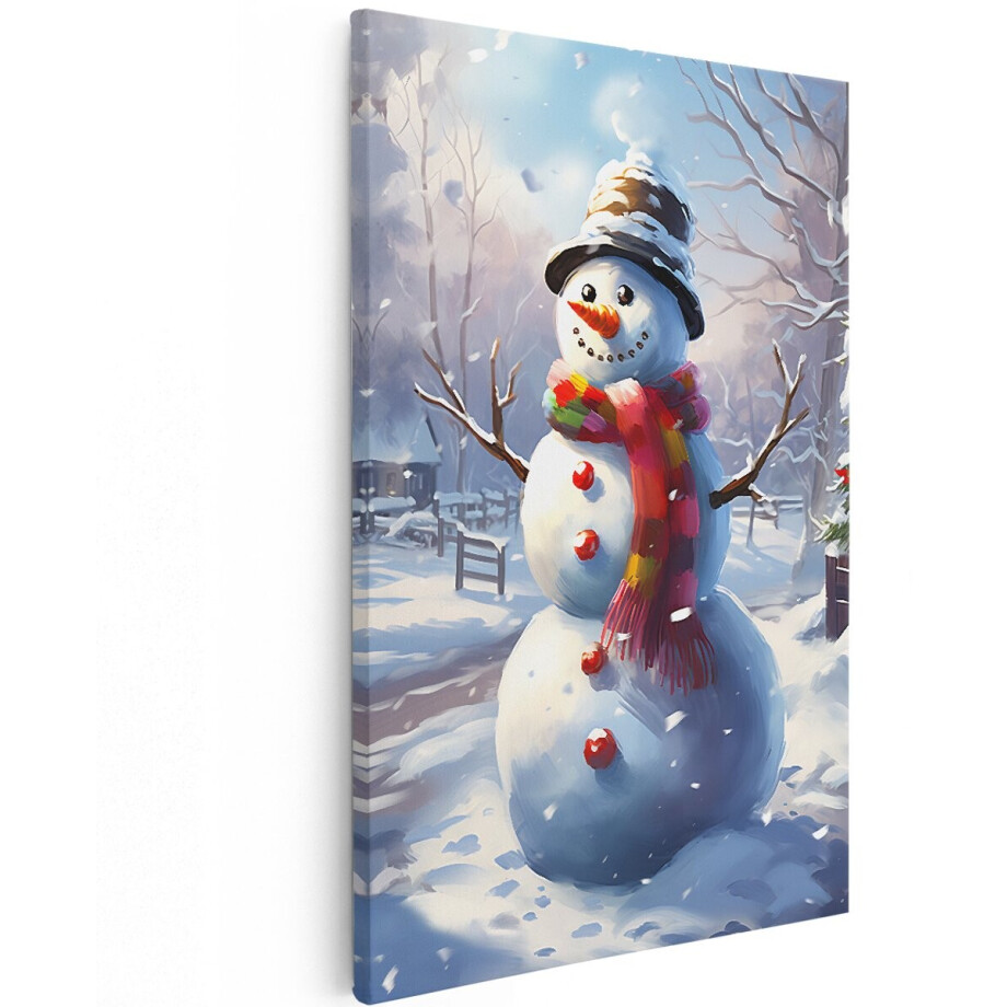 Artaza Canvas Schilderij Blije Sneeuwpop - Kerst - 120x180 cm - Groot - Wanddecoratie Woonkamer - Schilderijen - Muurdecoratie afbeelding 1