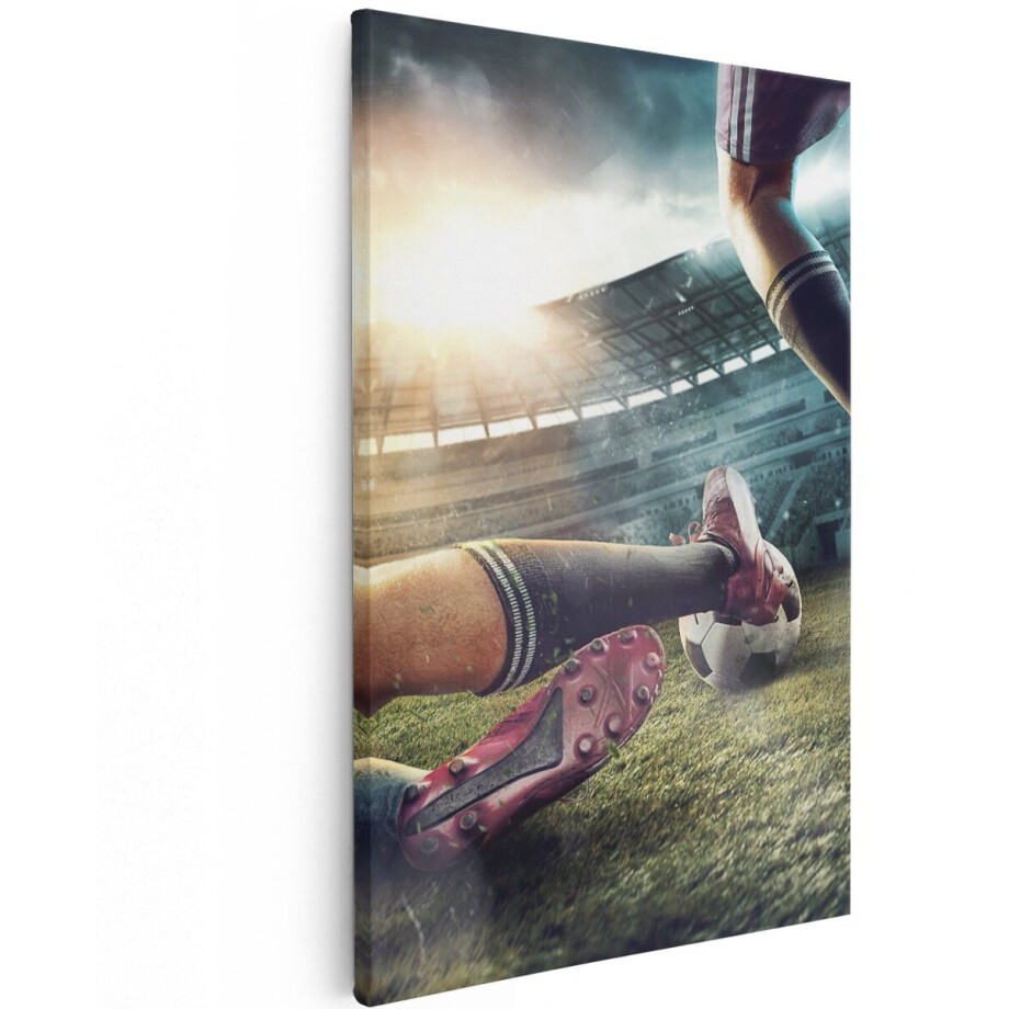 Artaza Canvas Schilderij Voetbal Sliding In Het Stadion - 100x150 cm - Groot - Wanddecoratie Woonkamer - Schilderijen - Muurdecoratie afbeelding 1
