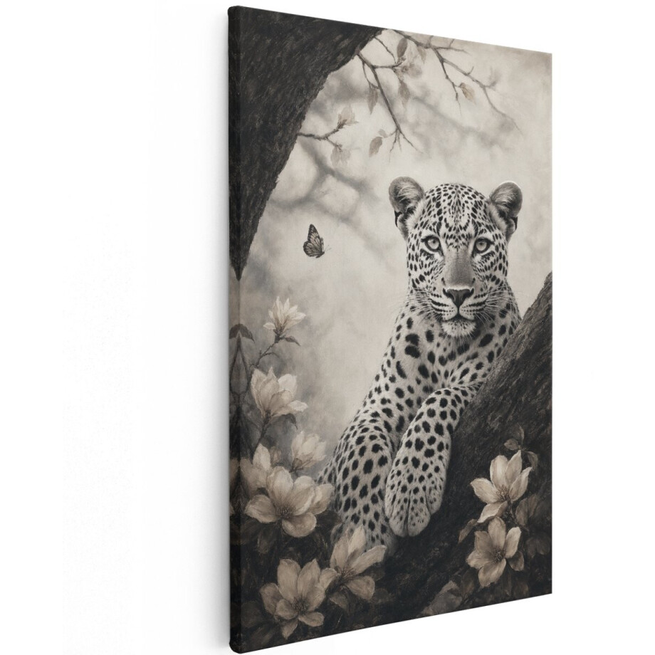 Artaza Canvas Schilderij Luipaard Op Boom - Zwart Wit - Dieren In Natuur - 60x90 cm - Wanddecoratie Woonkamer - Schilderijen - Muurdecoratie afbeelding 1