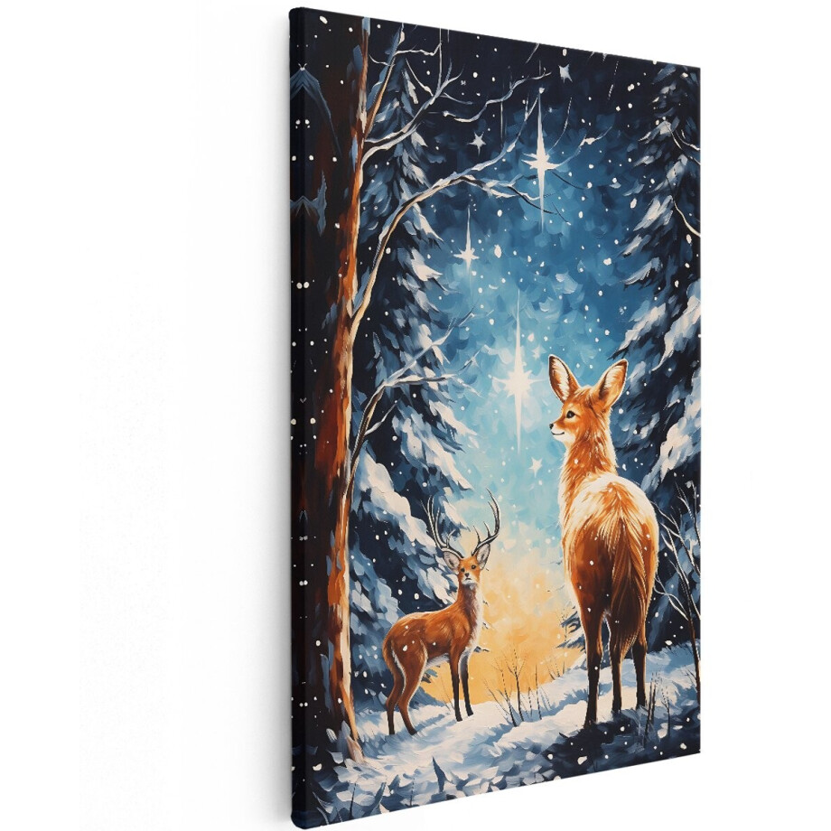 Artaza Canvas Schilderij Herten bij Vallende Sterren in het Bos - 100x150 cm - Groot - Wanddecoratie Woonkamer afbeelding 1