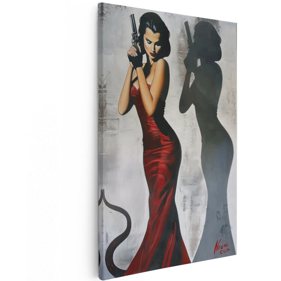 Artaza Canvas Schilderij Vrouw in een Rode Jurk met een Pistool - 100x150 cm - Groot - Wanddecoratie Woonkamer - Schilderijen - Muurdecoratie afbeelding 1
