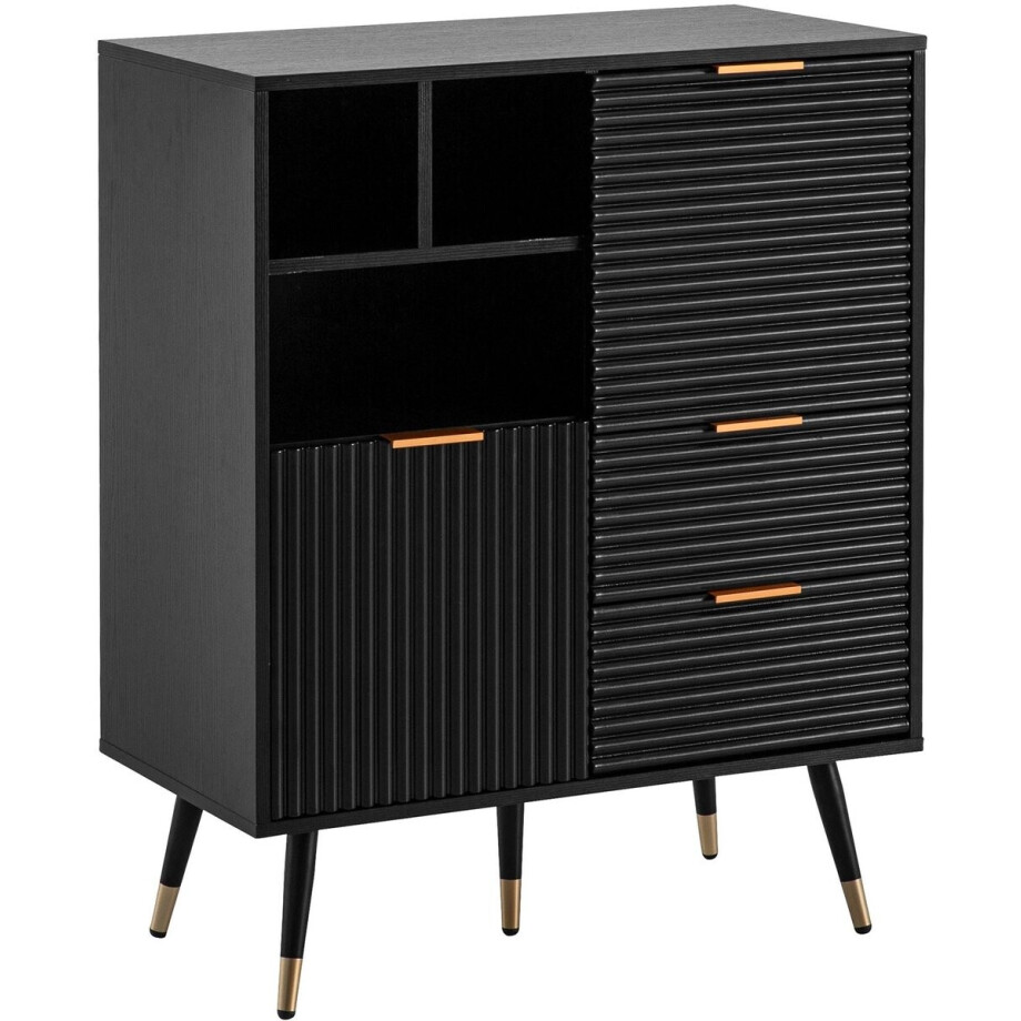 dressoir 77x97x40 cm dressoir zwart met eiken decor, ladekast met deuren en lades, ladekast halkast met plank modern, staande kast woonkamer metalen poten dressoir 77x97x40 cm dressoir zwart met eiken decor, ladekast met deuren en lades, ladekast halkast met plank modern, staande kast woonkamer metalen poten afbeelding 1