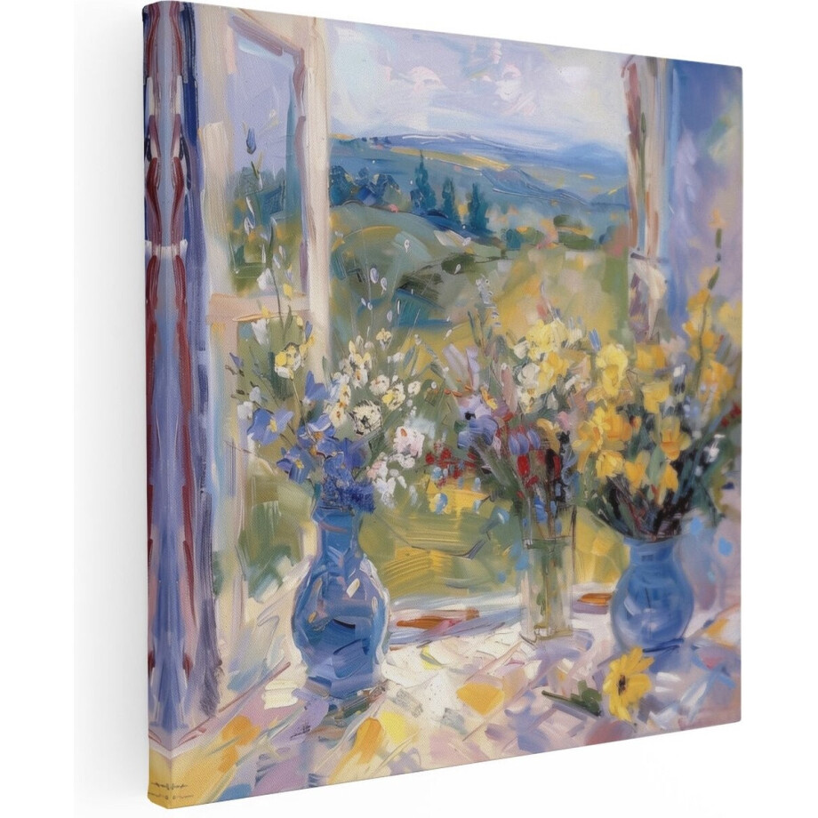 Artaza Canvas Schilderij Bloemen in Blauwe Vazen op een Vensterbank - Bloemen - 50x50 cm - Wanddecoratie Woonkamer - Schilderijen - Muurdecoratie afbeelding 1