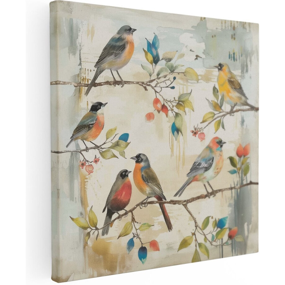 Artaza Canvas Schilderij Kleurrijke Vogels op een Tak - Dieren - 70x70 cm - Wanddecoratie Woonkamer - Schilderijen - Muurdecoratie afbeelding 1