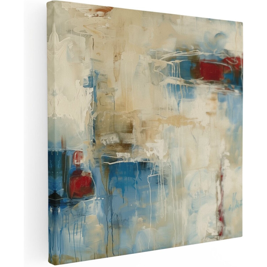 Artaza Canvas Schilderij Abstract met Rode, Blauwe en Witte Kleuren - 70x70 cm - Wanddecoratie Woonkamer - Schilderijen - Muurdecoratie afbeelding 1
